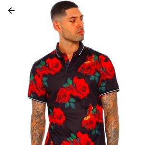 Short shelves  polo  shirt red and black rose fits like a 2XL